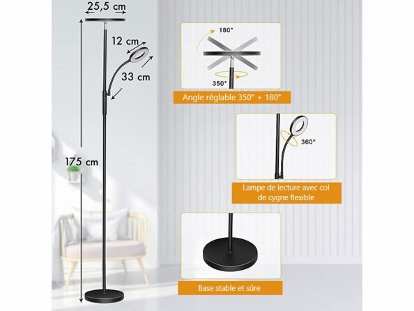 Lampe sur pied coloris noir avec angle d'éclairage réglable, base stable et lampe de lecture à col de cygne