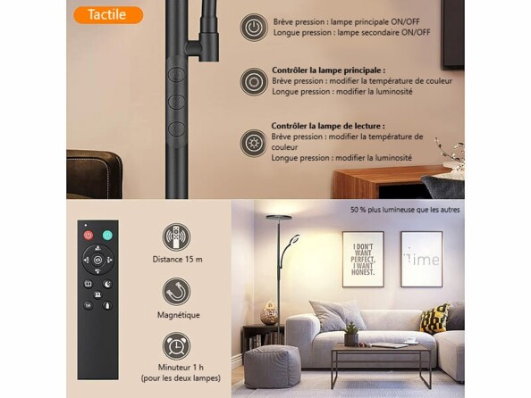 Gros plan sur les fonctionnalités des boutons tactiles de la lampe sur pied et des boutons de le télécommande magnétique