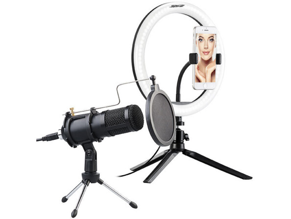 Microphone à condensateur USB MC-210.usb sur trépied avec anneau LED à support pour smartphone
