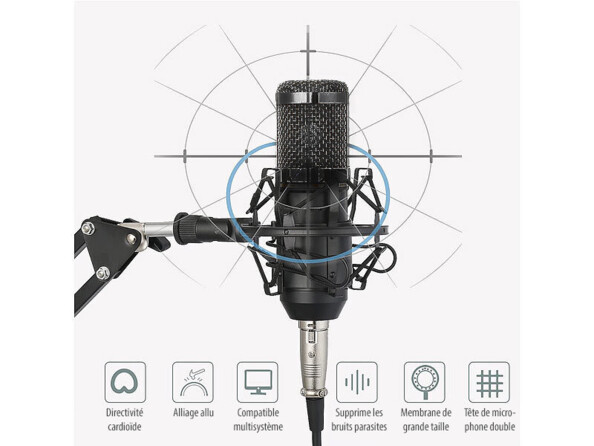 Condensateur professionnel USB amovible au microphone filaire Auvisio avec annotations des caractéristiques principales du micro