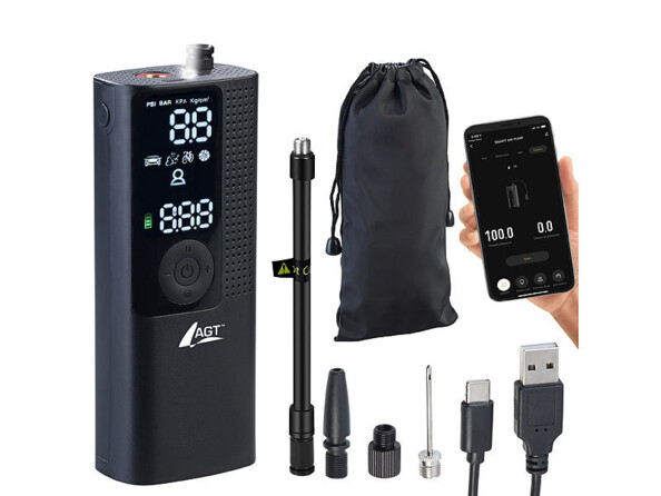 Mini pompe à air connectée avec écran OLED ALP-250 vue d'ensemble avec smartphone et accessoires