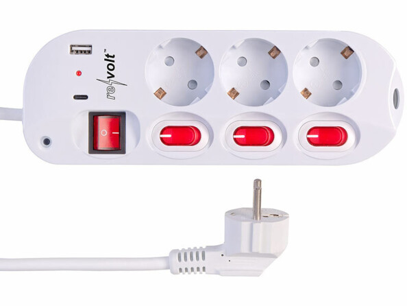Multiprise 3 prises avec interrupteurs et 2 ports USB