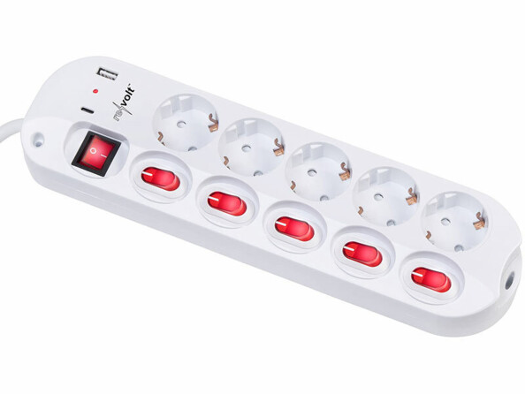 Multiprise 5 prises avec interrupteurs et 2 ports USB