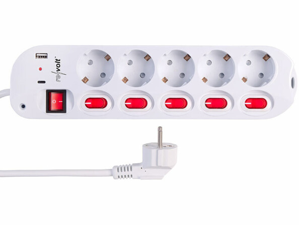 Multiprise 5 prises avec interrupteurs et 2 ports USB