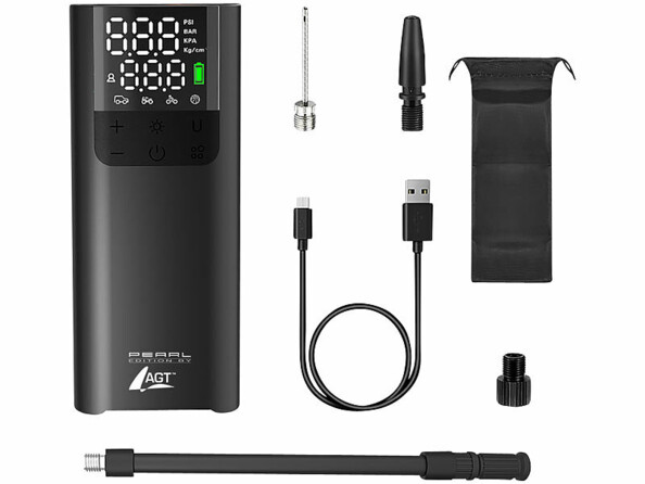 Pompe à air comprimé sans fil avec câble de chargement USB-C, 3 adaptateurs, sac de transport, tuyau de pompe et mode d’emploi en français