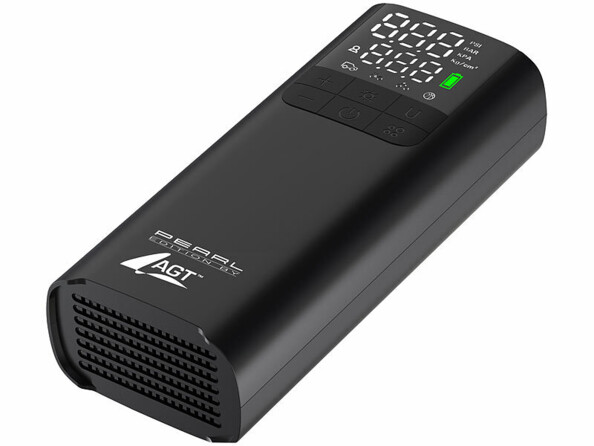 Vue du dessus de biais côté gauche avec ouverture de ventilation, logo blanc AGT et affichage à l'écran