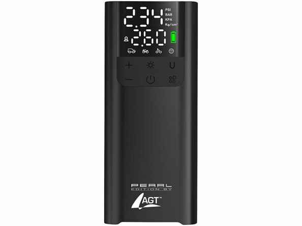 Vue de face du mini compresseur d'air rechargeable avec affichage des données de pression