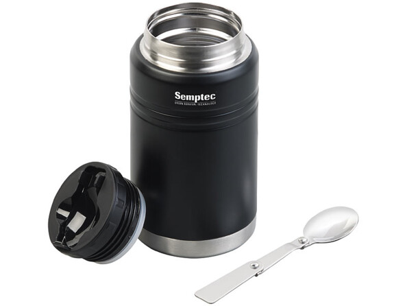 Récipient isotherme à double paroi 500 ml avec cuillère avec couvercle dévissé et cuillère dépliée