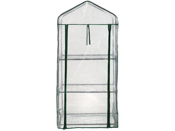 Serre en film 3 étages avec porte enroulable- transparent blanc vue de face avec porte fermée