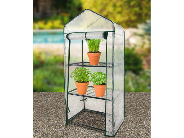 Serre en film 3 étages avec porte enroulable- transparent blanc mise en situation avec plantes