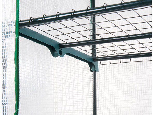 Serre en film 4 étages avec porte enroulable vue d'une étagère