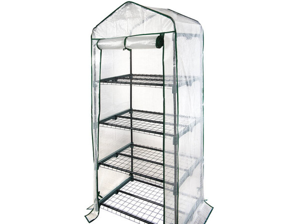 Serre en film 4 étages avec porte enroulable vue avec porte ouverte