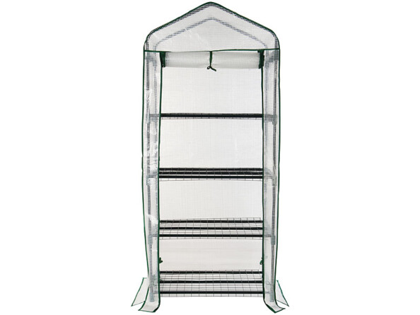 Serre en film 4 étages avec porte enroulable vue de face avec porte ouverte