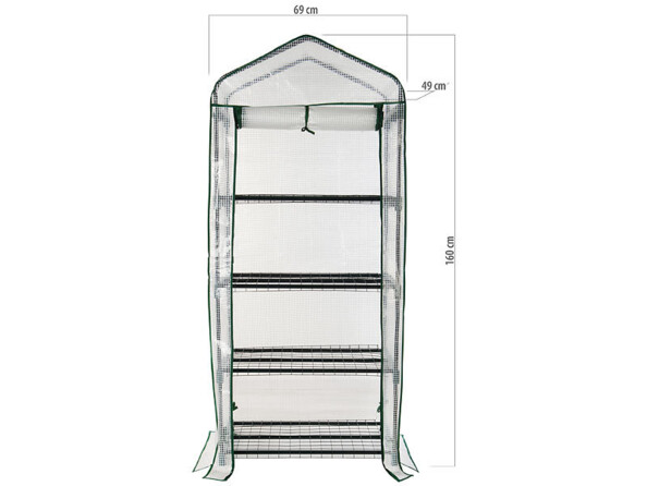 Serre en film 4 étages avec porte enroulable vue de face avec porte ouverte avec dimensions