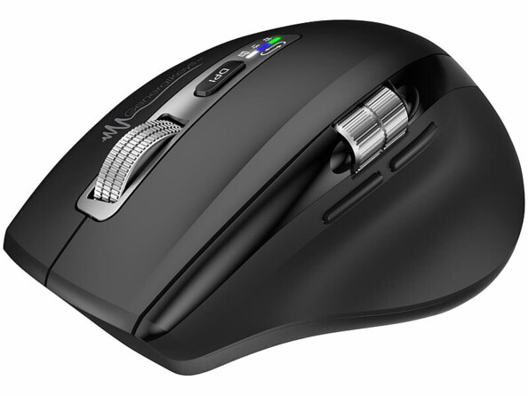 Vue de biais côté gauche du périphérique à batterie rechargeable avec deux molettes, repose-pouce, voyants LED et bouton de réglage des DPI