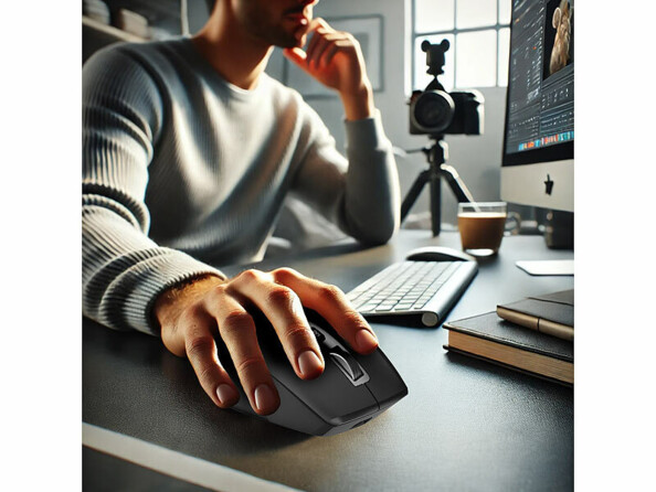 Homme photographe installé à un bureau à côté d'un appareil photo sur trépied et devant un clavier et un écran sur lequel il travaille