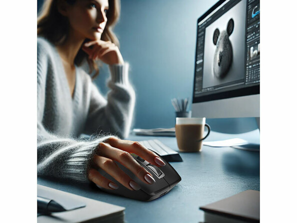 Jeune femme souris en main assise devant un écran l'air pensive entrain d'effectuer une tâche graphique sur ordinateur