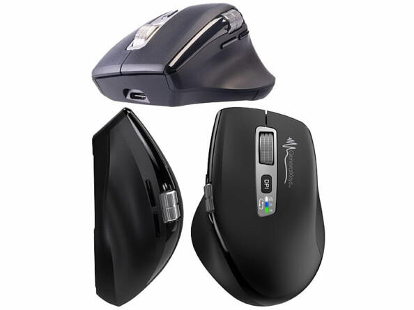 Vue de biais, du dessus et du côté gauche de la souris sans fil multi-appareils coloris noir GeneralKeys