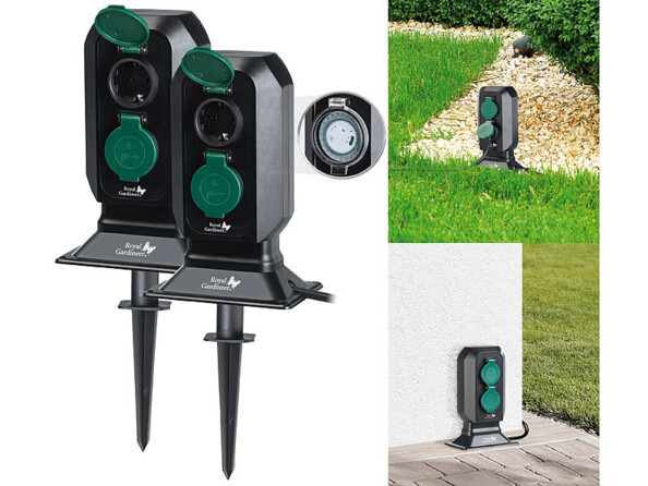 Pack de 2 doubles prises de jardin avec piquet, pied de support et mode d'emploii en français