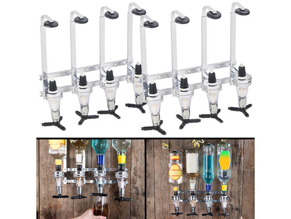 Pack de 2 supports pour bouteilles avec 4 doseurs chacun, matériel de montage et mode d'emploi en français