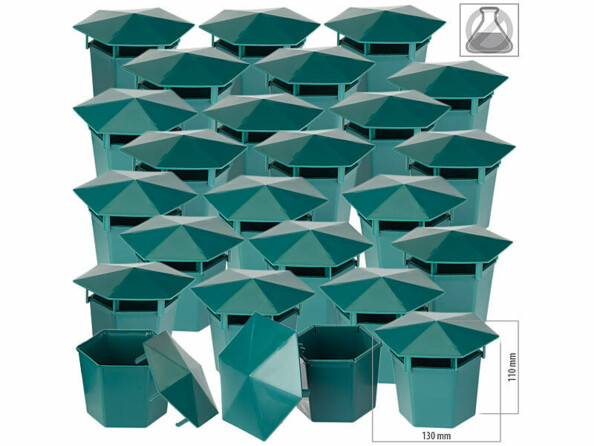 Pack de 24 pièges à escargots sans poison avec mode d'emploi en français, dimensions annotées