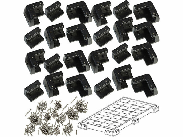 Matériel de montage avec 16 supports équerres, 8 supports latéraux, 80 vis de fixation, 80 vis pour cadre 35 mm, 80 vis pour cadre 18 à 40 mm avec mode d'emploi en français