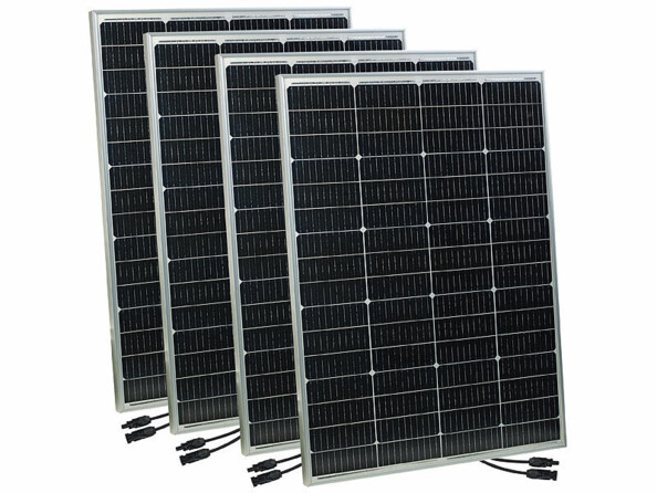 Pack de 4 panneaux solaires monocristallins 150 W avec câble de raccordement avec connecteur à contact simple 4 mm et mode d’emploi en français
