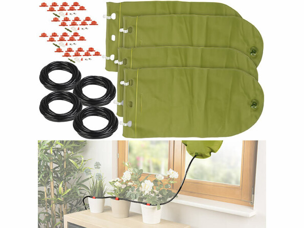 Pack de 4 réservoirs d'eau avec tuyaux, 32 goutteurs, raccords, 4 pièces de raccord, matériel de montage et mode d'emploi en français