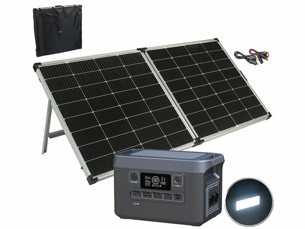 Pack générateur solaire HSG-1300 avec panneau solaire et câble de raccordement 5 m, câble d'alimentation, câble adaptateur de chargement pour voiture, adaptateur solaire (compatible XT60 vers compatible MC4) et modes d'emploi en français