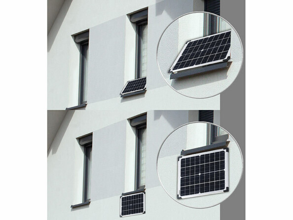 Panneau solaire mobile monocristallin installé incliné sur le rebord d'une fenêtre d'appartement sur l'image du dessus et installé à plat le long du mur sous le rebord de fenêtre sur l'image d'en dessous