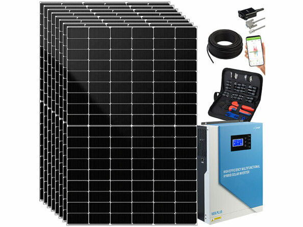 Pack avec onduleur hybride solaire SHI-3500, 8 panneaux solaires, module wifi, câble solaire 50 m, kit de connexion pour panneau solaire et modes d'emploi en français