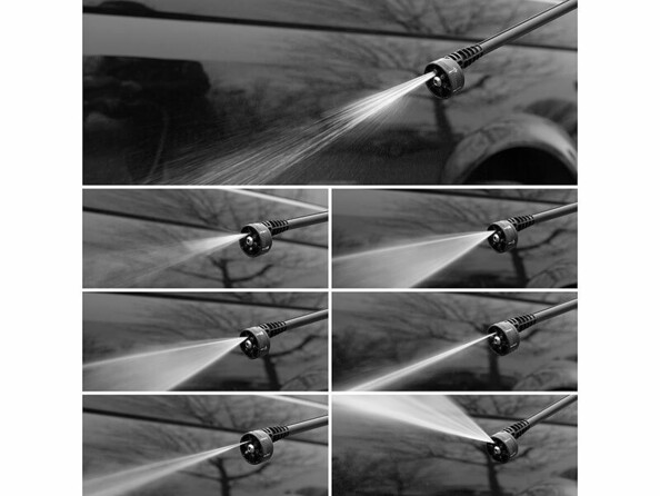 7 photos assemblées en une montrant les différents jets possibles lors de l'utilisation du nettoyeur haute pression sur un véhicule