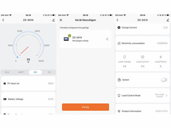 3 captures d'écran de l'application gratuite ELESION disponible sur smartphone et tablette iOS/Android avec illustration des différents réglages possibles à distance du régulateur de tension MPPT-90.app