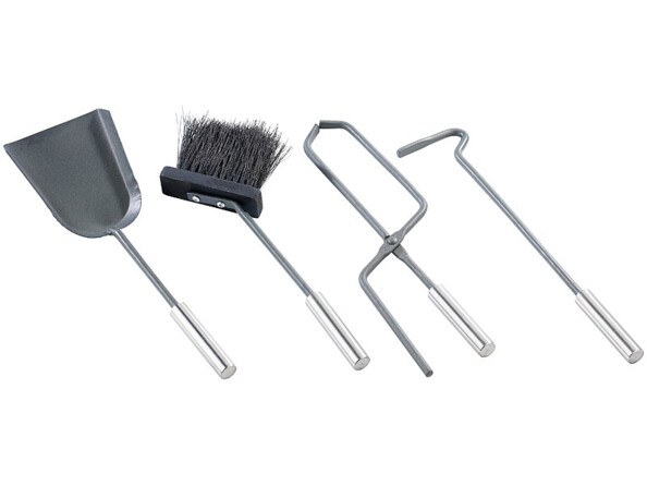 4 accessoires pour cheminée : pelle, pince, balai et tisonnier
