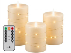 3 bougies LED télécommandées en cire avec guirlande lumineuse - coloris or