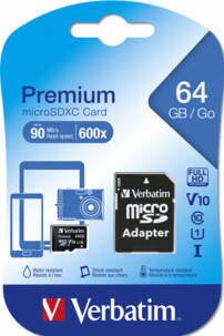 Carte MicroSDXC Premium classe 10 avec adaptateur SD 64 Go Verbatim dans son emballage cartonné et plastifié bleu