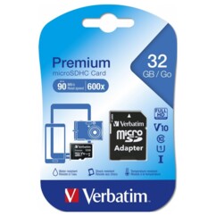 Carte micro-SDHC Verbatim 32 Go emballée.