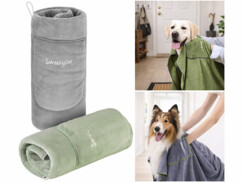 2 serviettes en microfibre pour chiens et chats avec 2 mises en situation sur 2 chiens