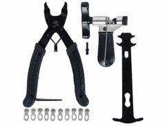 Kit de réparation pour chaîne de vélo avec attaches rapides, pince et dérive chaîne vus de face