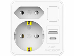 Multiprise adaptateur Revolt compacte avec 2 prises secteur et ports USB de face