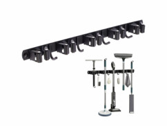 Support mural pour balais avec 5 pinces et 4 crochets de 3/4 face avec vignette mise en situation