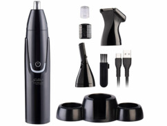 Tondeuse barbe et poils de nez rechargeable 3 en 1 vue de 3/4 avec brossette peigne et câble