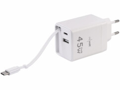Chargeur secteur GaN 3 ports USB-A/USB-C 45 W avec câble USB-C rétractable