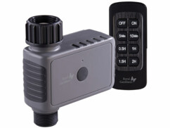 programmateur d'arrosage télécommandé et sa télécommande vus de face