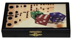 boite en bois style marqueterie avec jeu de dominos motif dominos et dés de couleur