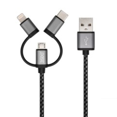 Câble Micro USB tressé avec adaptateurs compatible USB C et Lightning - 1 m