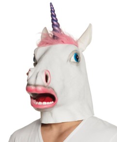 masque en latex licorne avec corne violette en plastique
