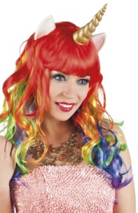 perruque licorne cheveux longs arc en ciel avec oreilles de poney et corne dorée deguisement coquin