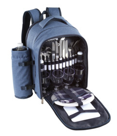 sac à dos avec couverts assiettes verres accessoires pour repas nature pique nique free line bleu