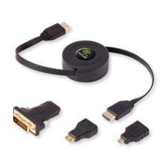 cable hdmi 1.4 plat 150cm 1,5m avec adaptateurs dvi mini hdmi micro hdmi enrouleur retrak
